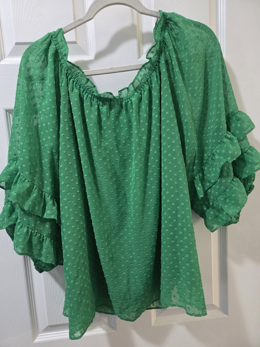 Cato Green Swiss Dot Peasant Top with Ruffle Sleeves - Picture 3 of 5